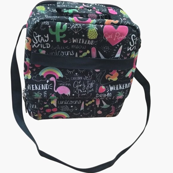 Flamingo Lunch Bag Insulated Unicorn Rainbow Adjustable Strap Black Pink - Picture 1 of 6